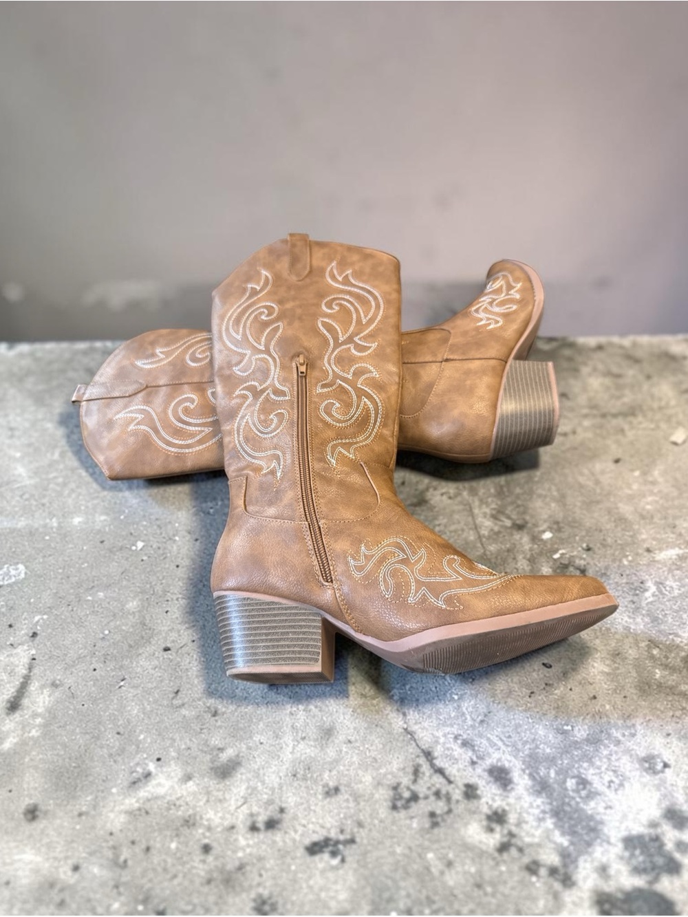 Women's Mid-Calf Embroidered Block Heel Boots in Tan